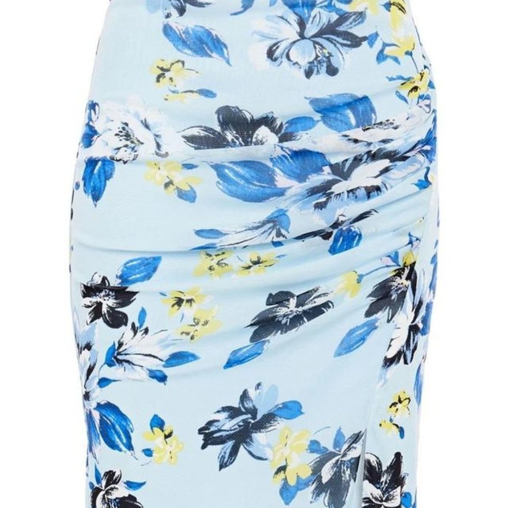 DVF Willa Blue Ruched Floral-Print Stretch-Mesh Pencil Skirt - Picture 3 of 3